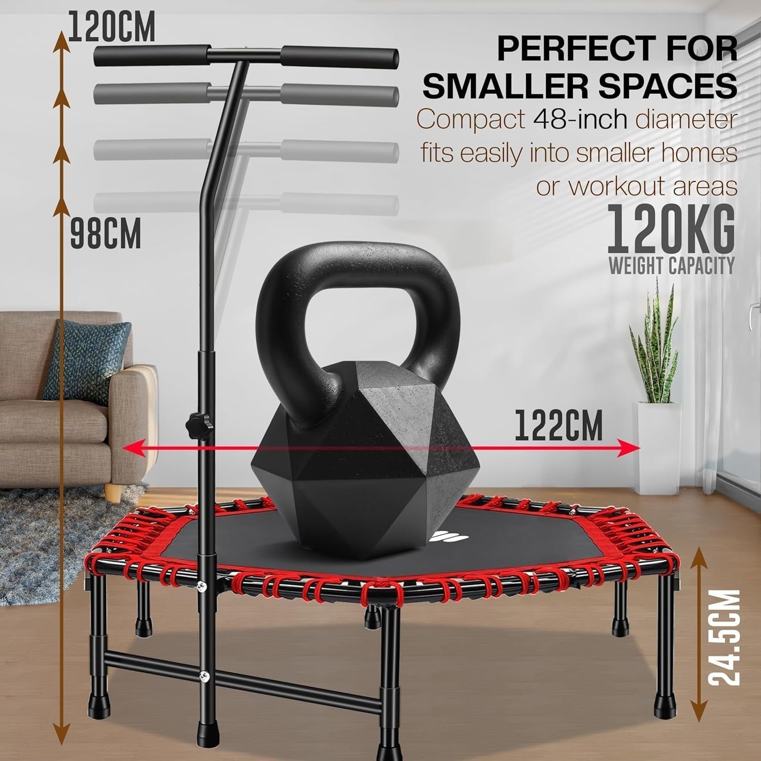 40” Foldable Fitness Rebounder w T Handle Quiet Indoor Cardio