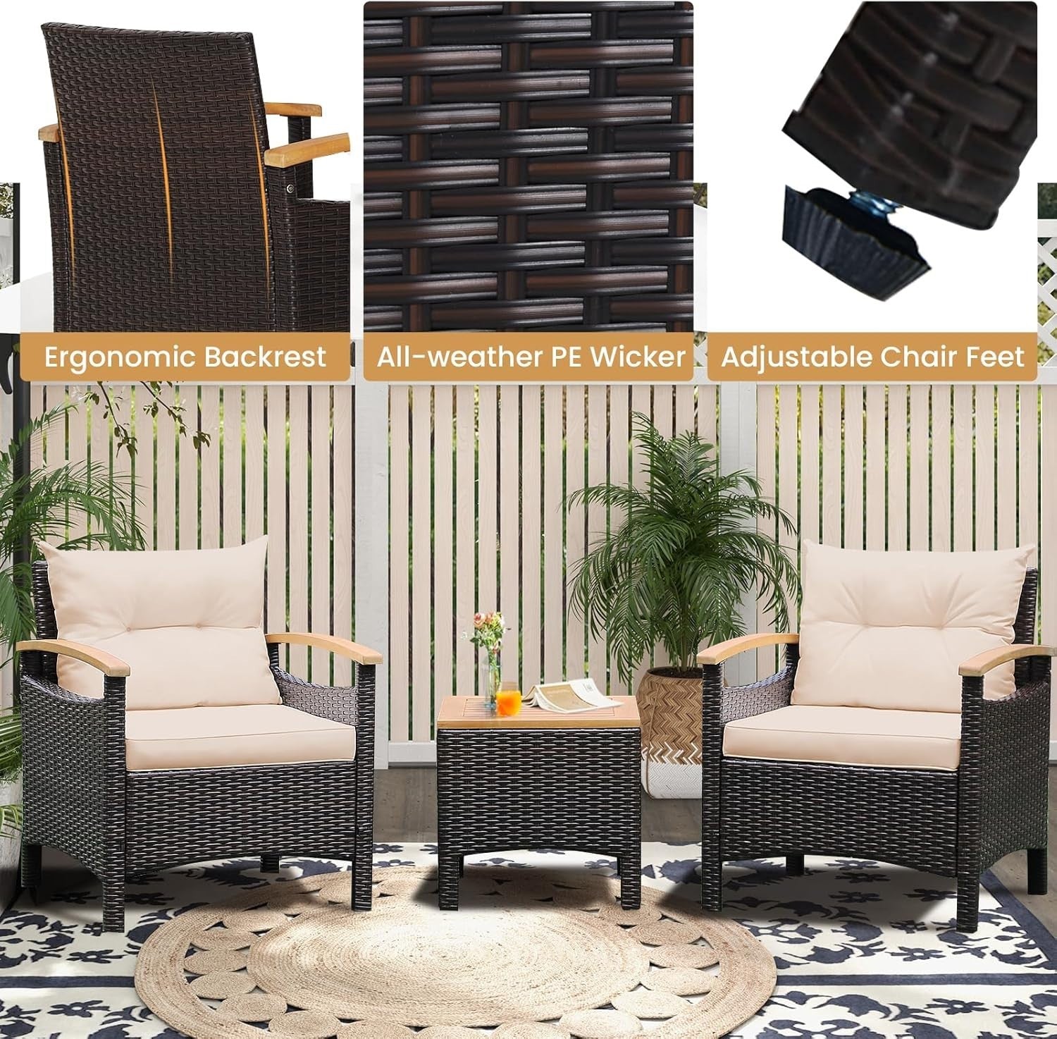 Rattan Garden Conversation Set Cushioned Armchairs Acacia Top Coffee Table