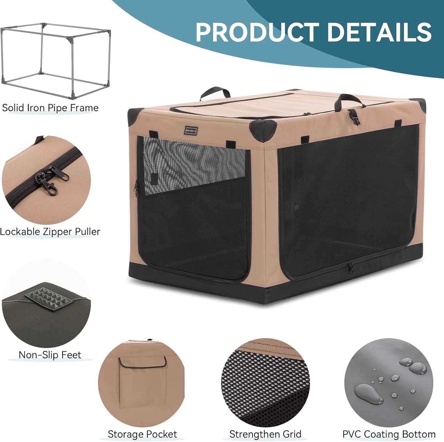 Soft-Sided Dog Crate – Portable Pet Carrier for Travel, Camping & Home (Khaki)
