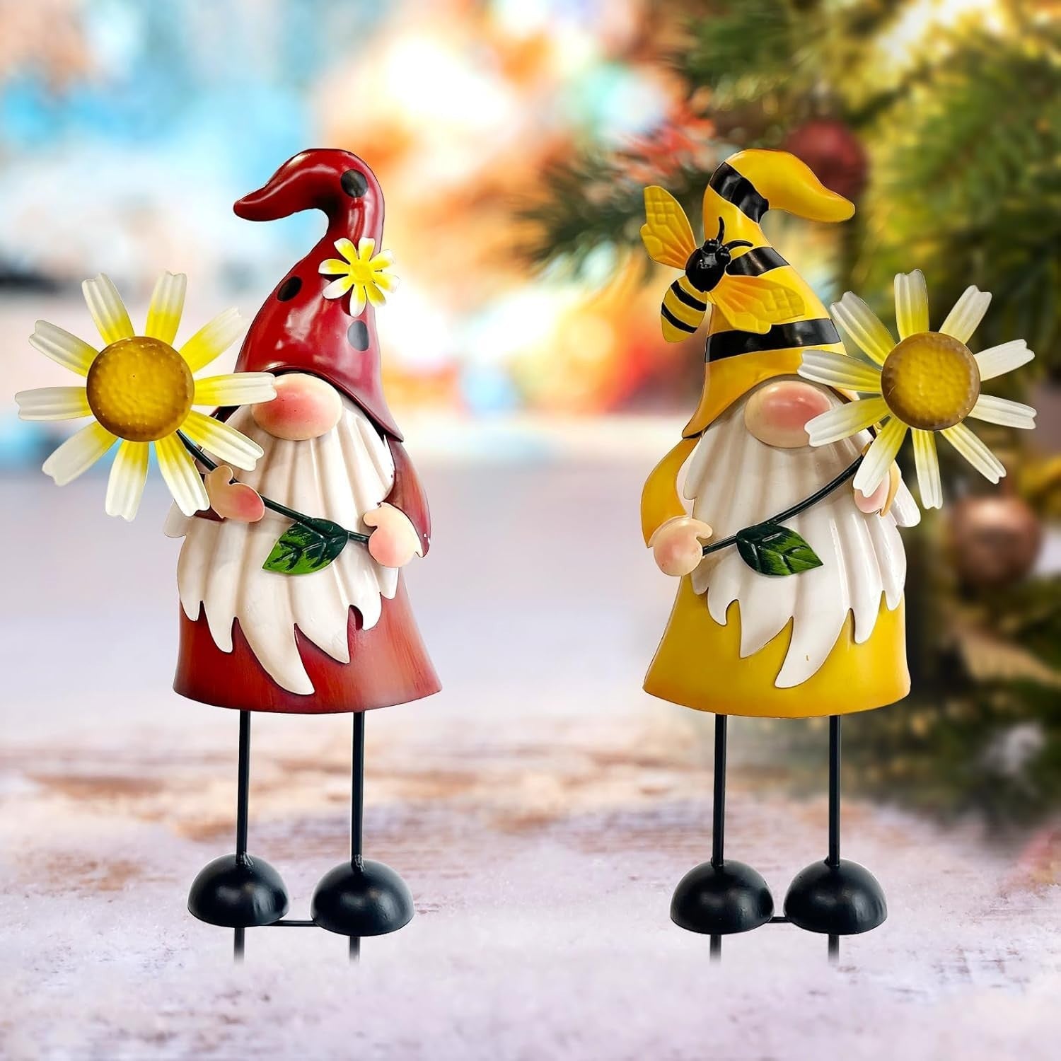 Metal Gnome Garden Ornaments Set of 2 Outdoor Sunflower Yard Decor 18"