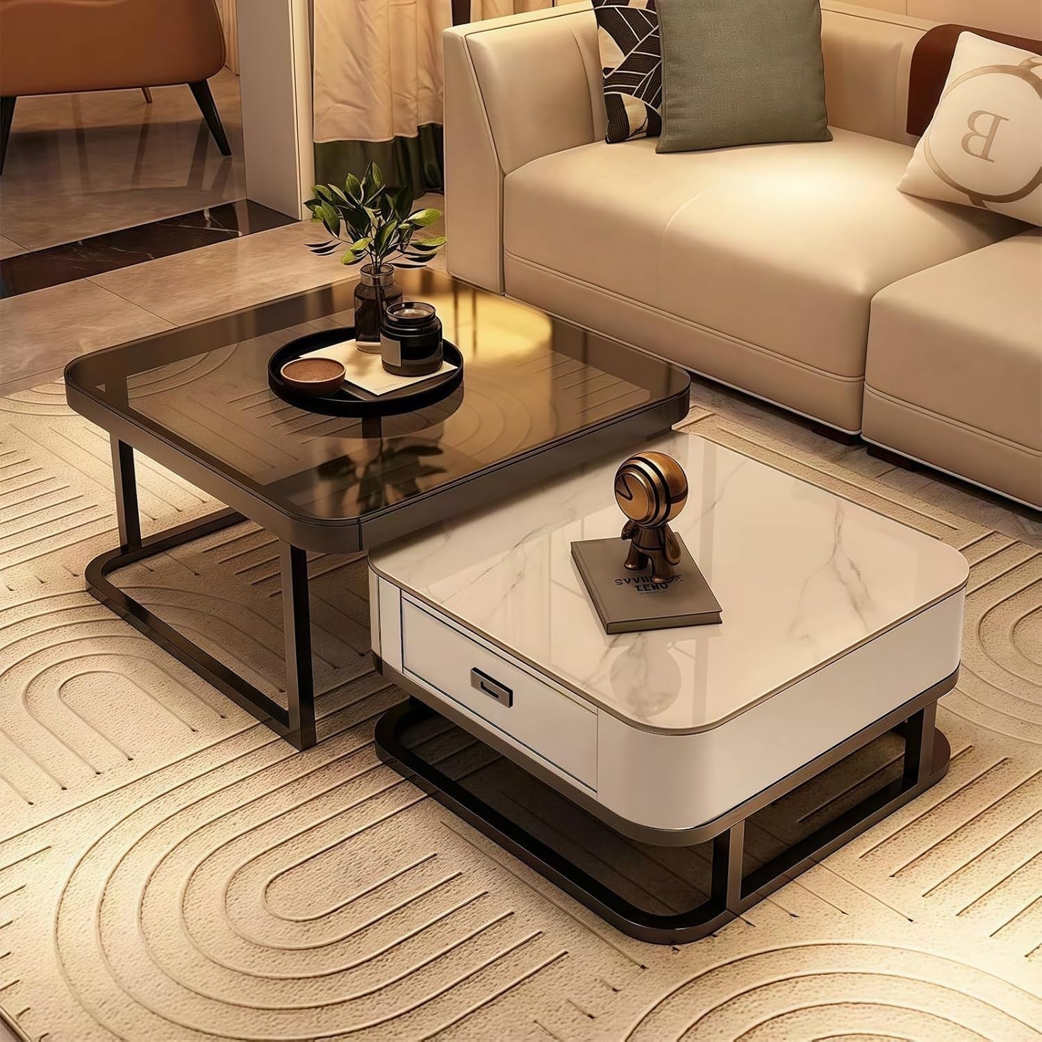2-in-1 Nesting Coffee Table Set w/ Storage Drawer, Marble & Glass Top, Space.