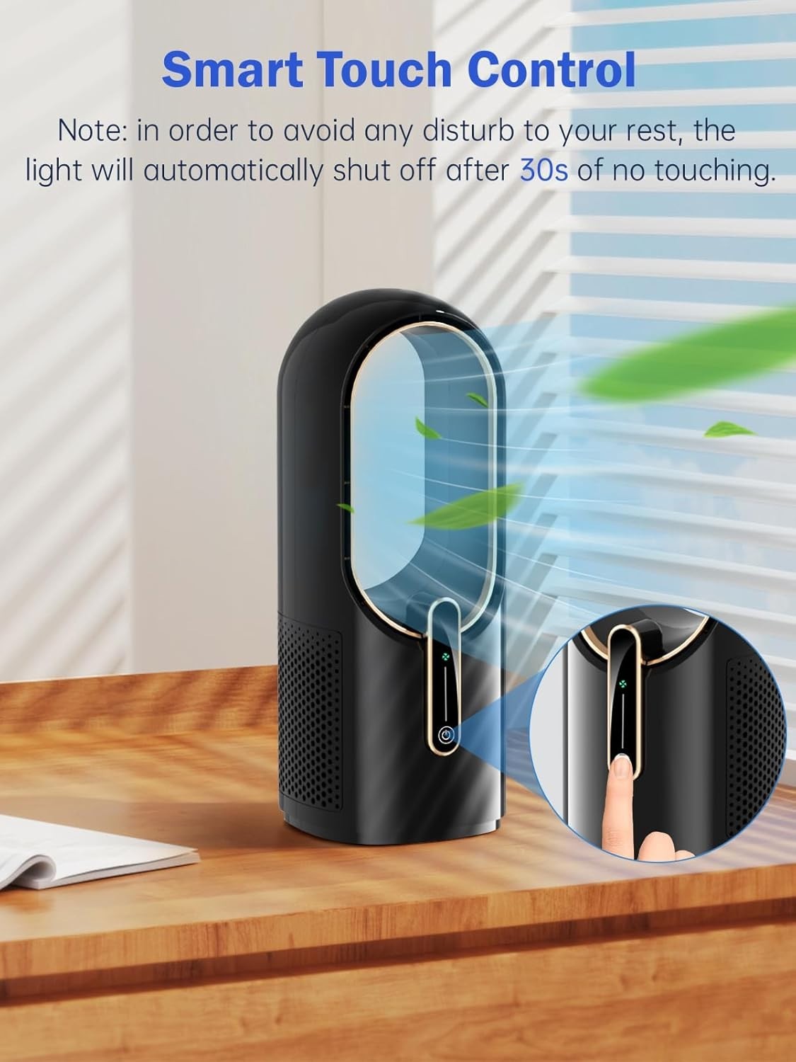 Bladeless Desk Fan Black – Portable Rechargeable Quiet Table Fan 3 Speeds Touch