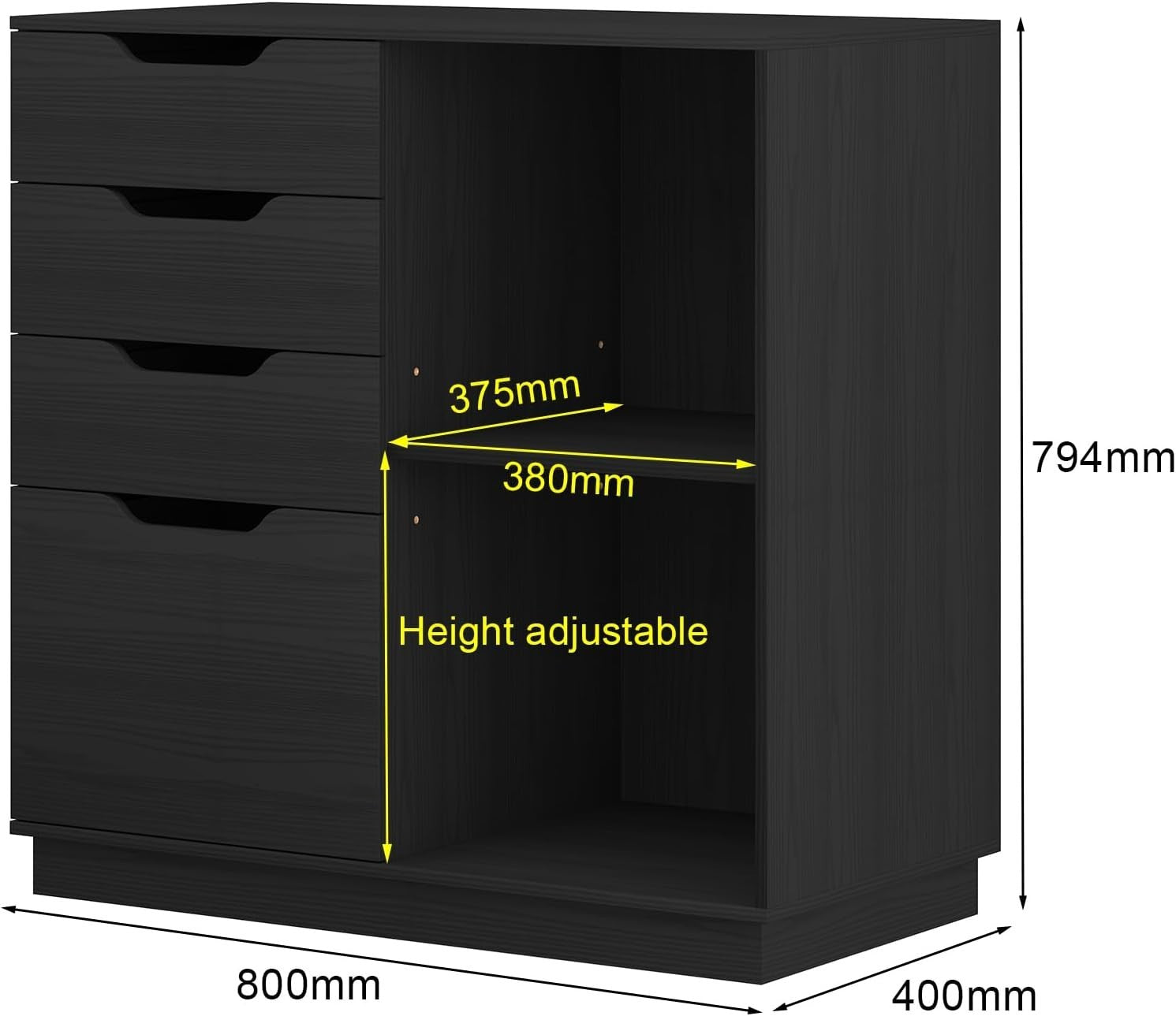 Black 4 Drawer Lateral File Cabinet A4 Letter Printer Stand Storage