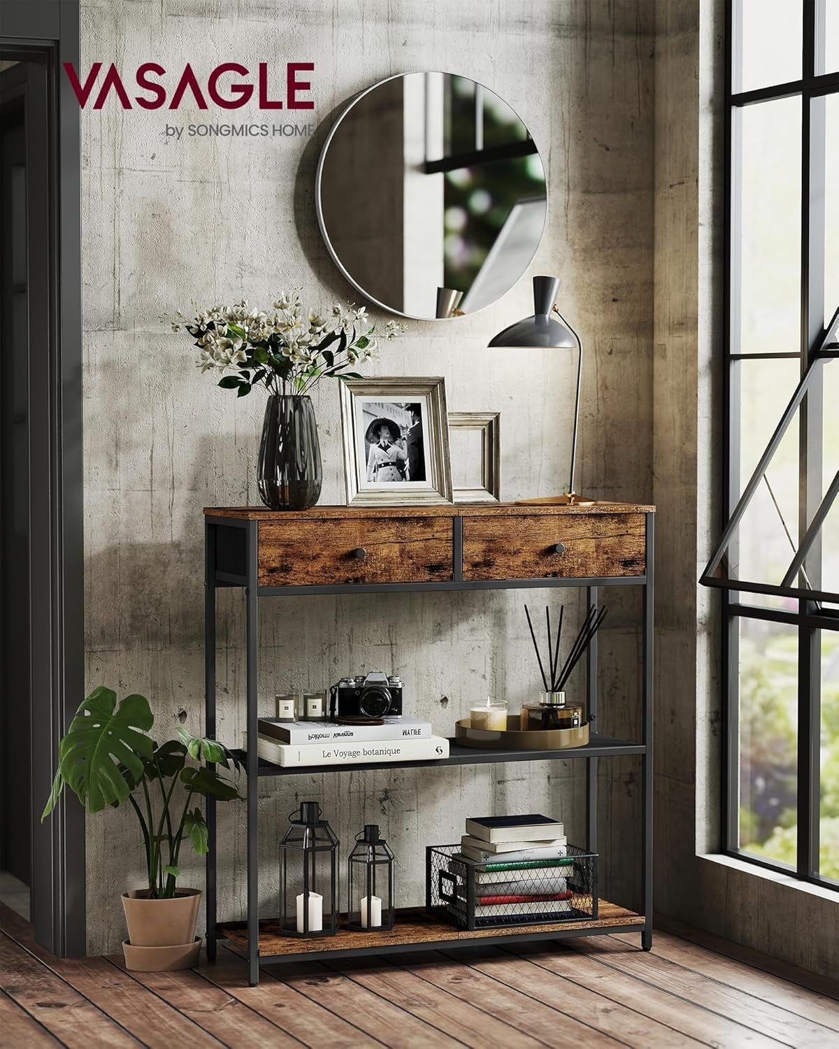 Narrow Console Table with 2 Fabric Drawers & 3-Tier Shelves – Rustic