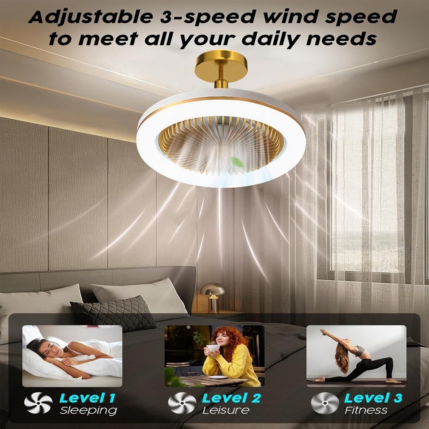WRMING Quiet Ceiling Fan with Light 30W, Gold, Dimmable, Remote, 3 Speeds
