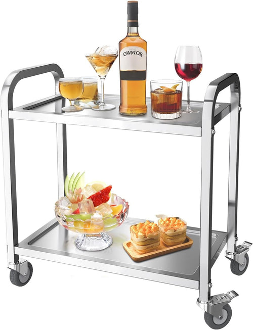 Stainless Steel Kitchen Trolley 2 Tier Service Cart Locking Wheels