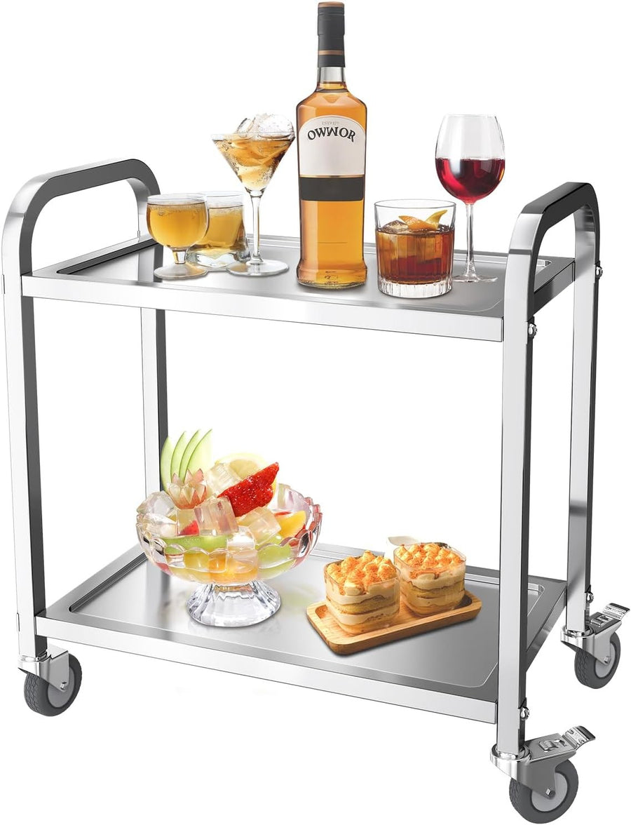 Stainless Steel Kitchen Trolley 2 Tier Service Cart Locking Wheels