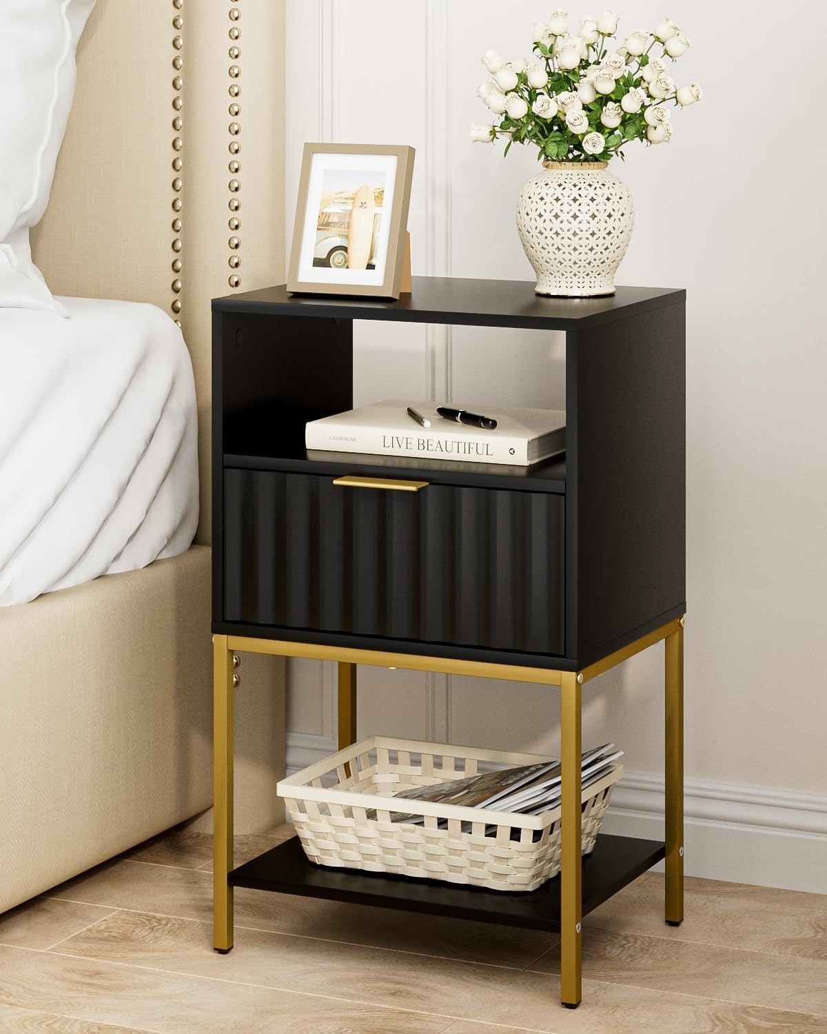 Modern Black Bedside Table with Gold Frame – 3-Tier Storage Nightstand