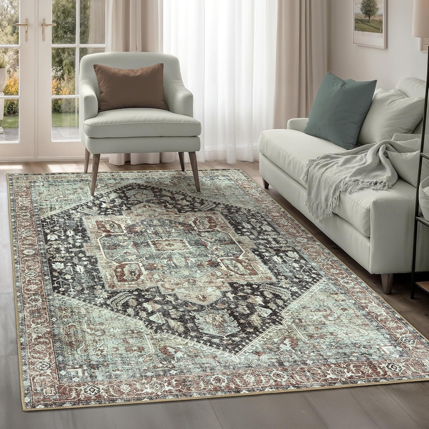 Washable Rug 122x170cm Non-Slip Short Pile Vintage Charcoal Sienna Carpet