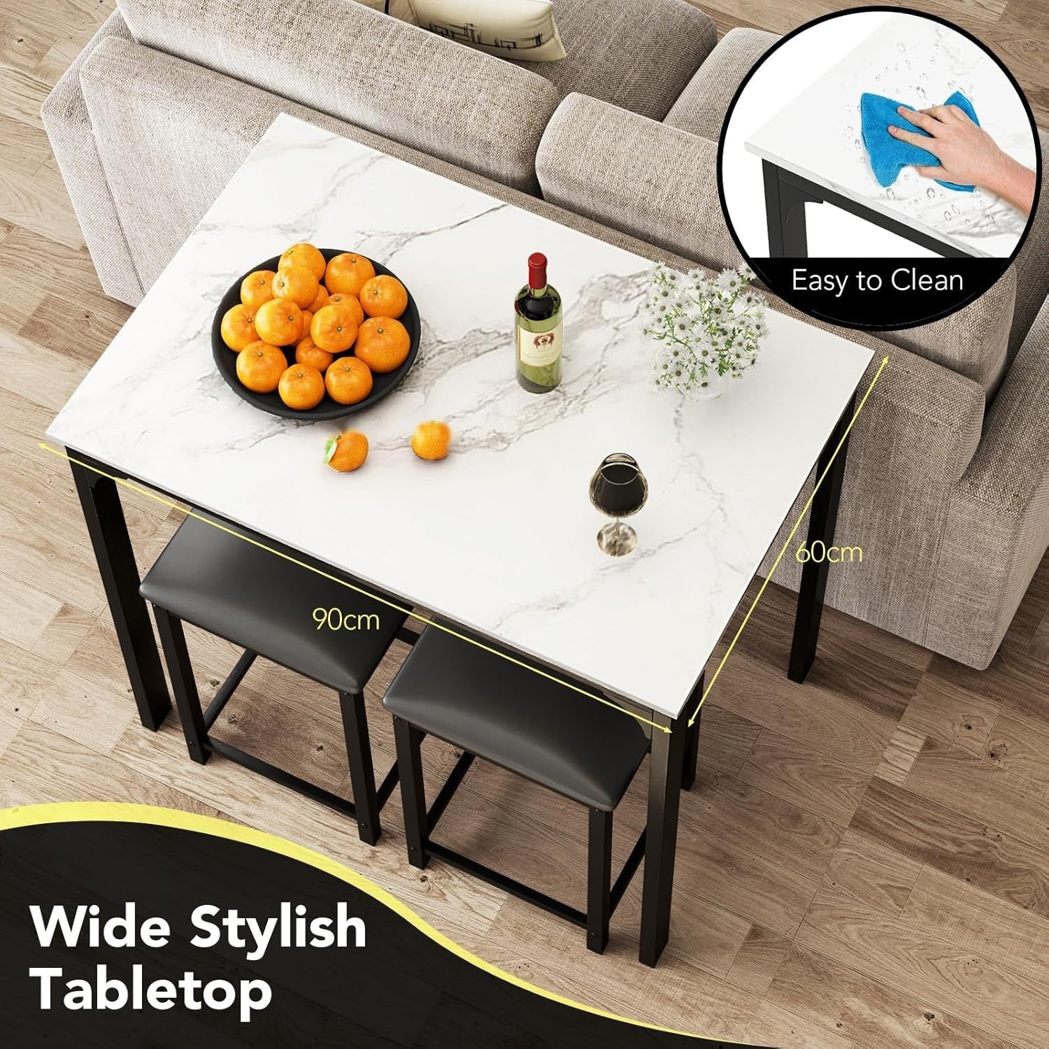 3 Piece Bar Table Set with Stools Marble Effect Top Counter Height Cream White