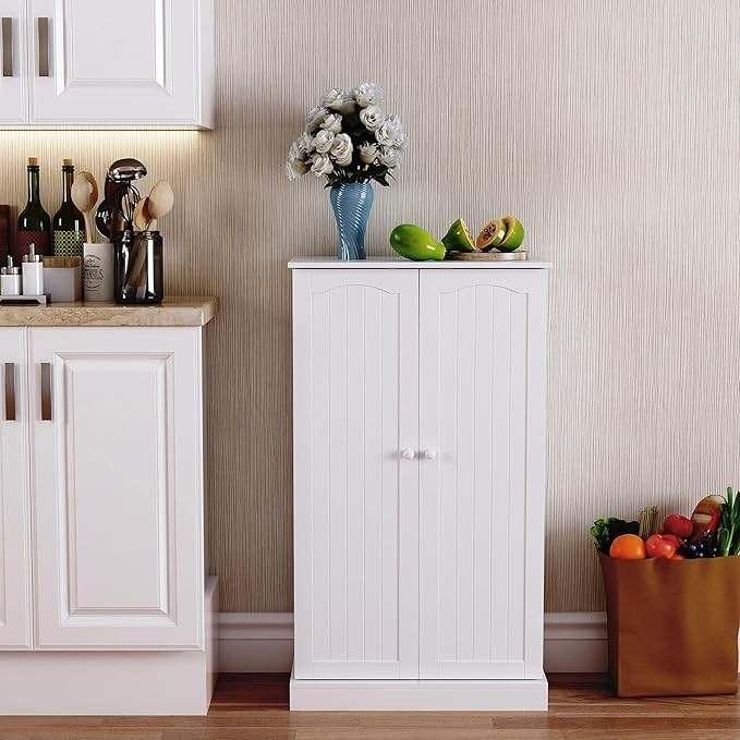 Tall White Kitchen Pantry Cabinet with 6 Adjustable Shelves & Doors – Space