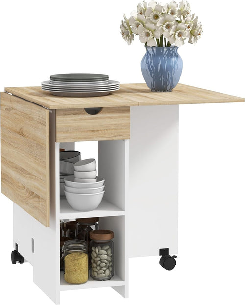 Folding Drop Leaf Dining Table with Drawer Shelves Oak Space Saver