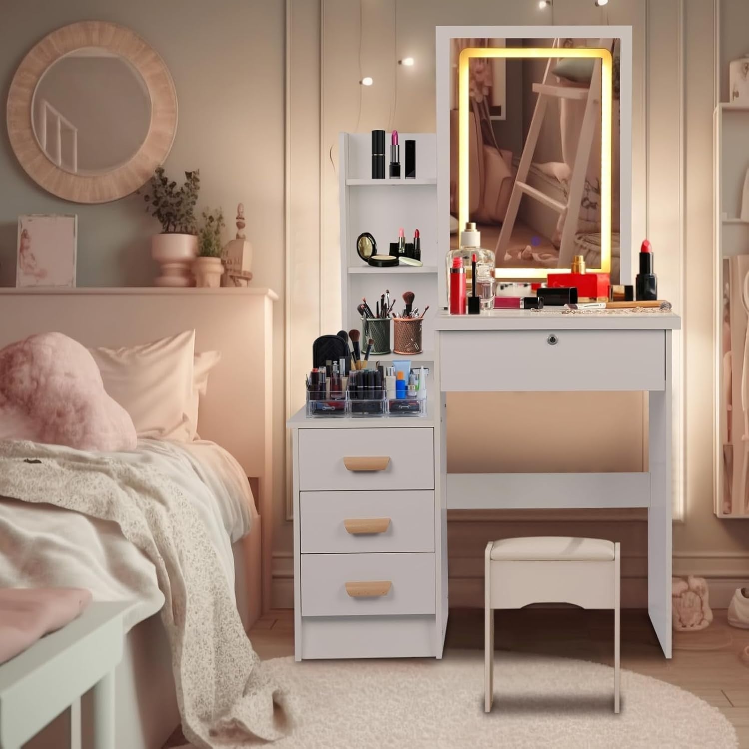 White Dressing Table Makeup Vanity Desk with LED Lights 4 Drawers Storage