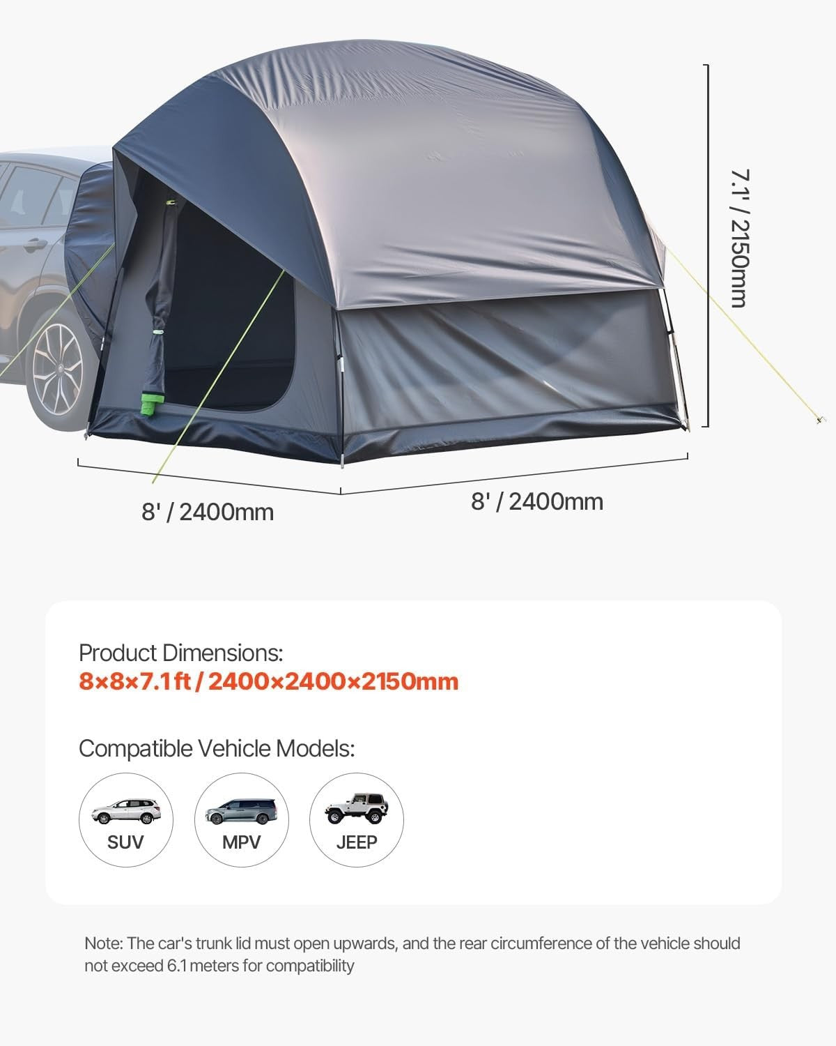 SUV Camping Tent Waterproof 8x8ft Car Tailgate Awning Shelter