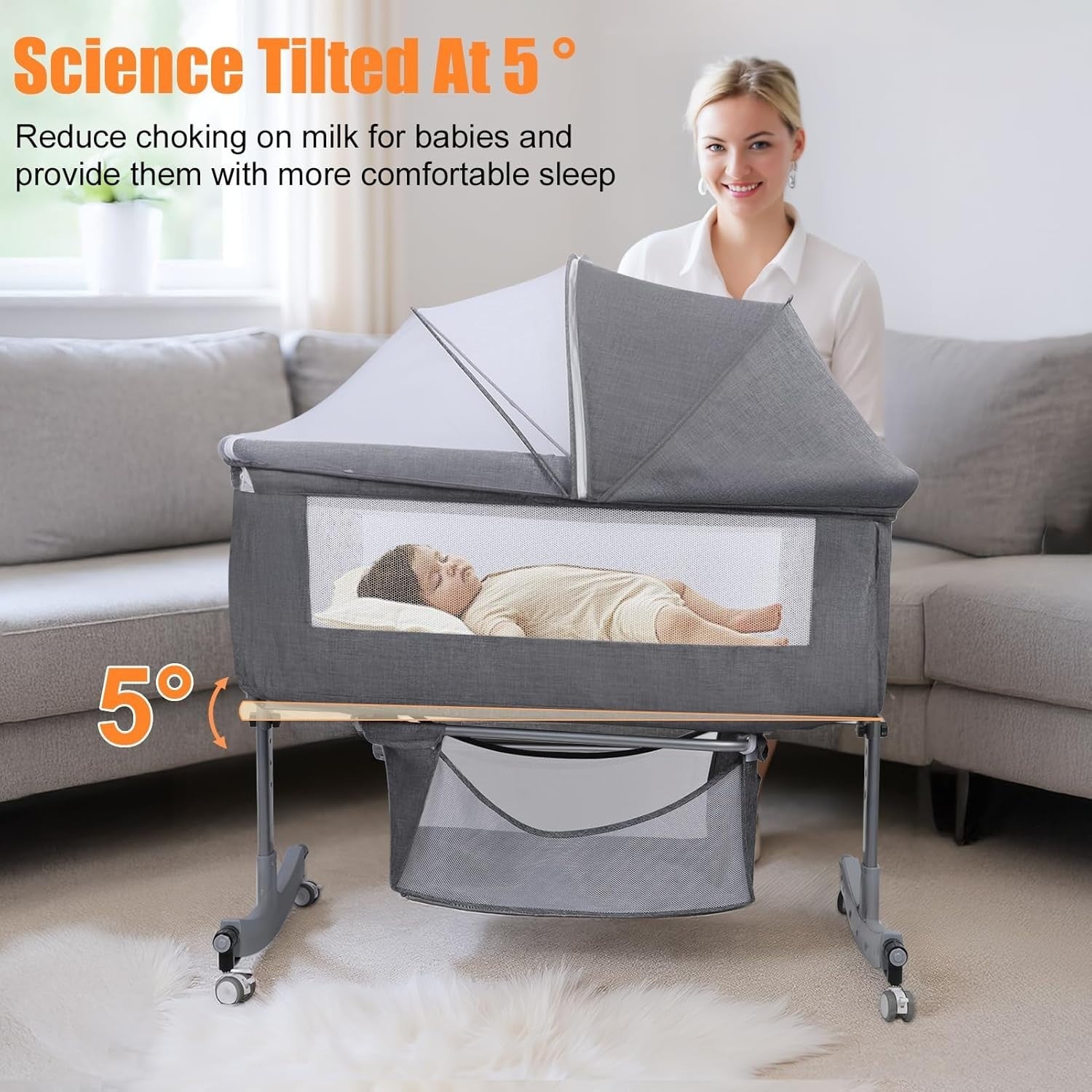 3in1 Baby Crib Bassinet Adjustable Travel Cot with Mattress & Storage Grey A