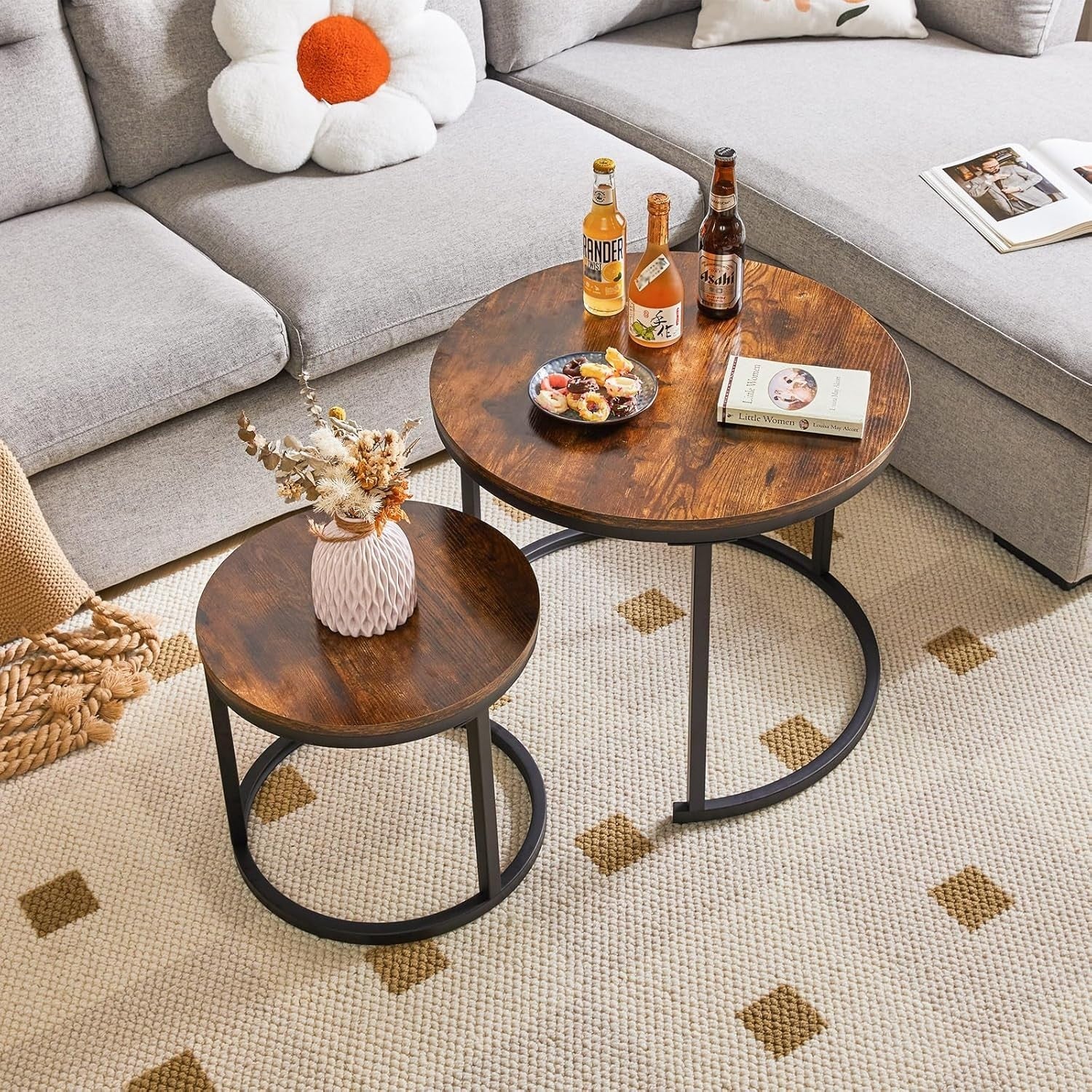 Round Nesting Coffee Tables Set of 2 | Rustic Wood & Metal Side Table for Living