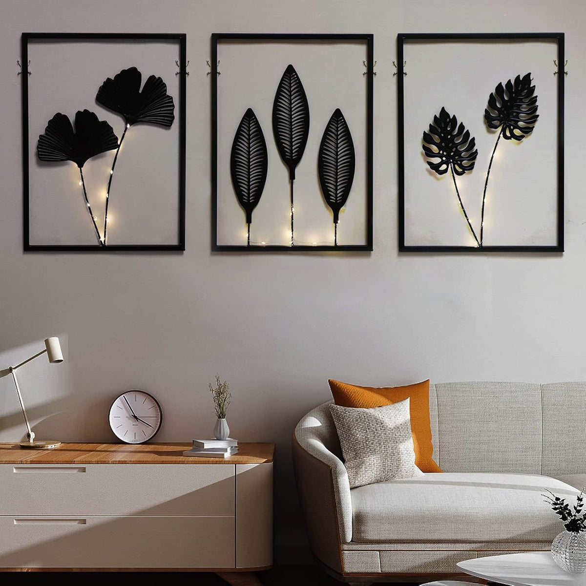 Black Metal Wall Decor Set LED Leaf Wall Art Hanging Set of 3