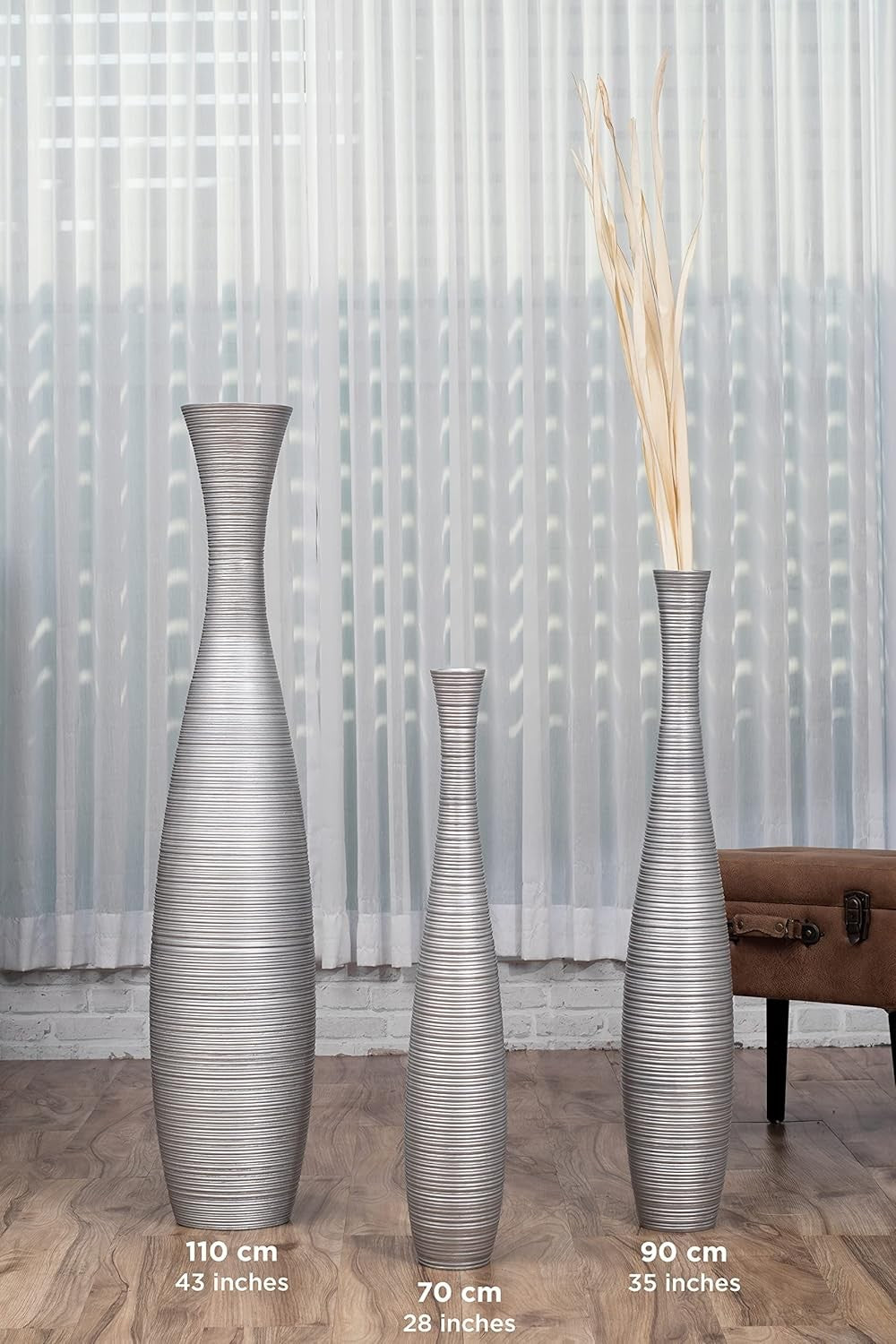 Silver Floor Vase 65cm Tall Wooden Decor for Pampas Grass