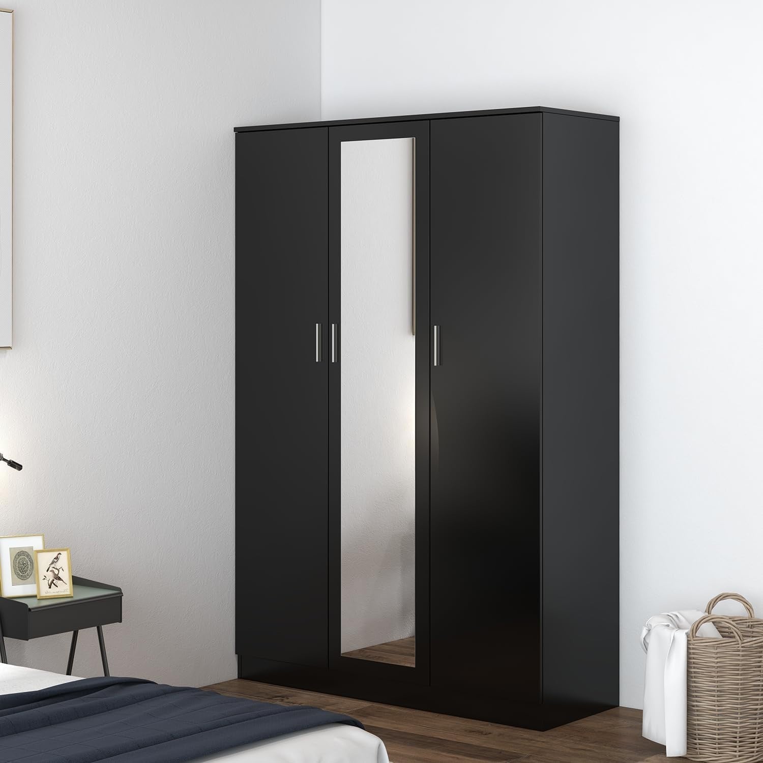 3-Door Mirrored Wardrobe with 6 Storage Compartments & Hanging Rail, Black