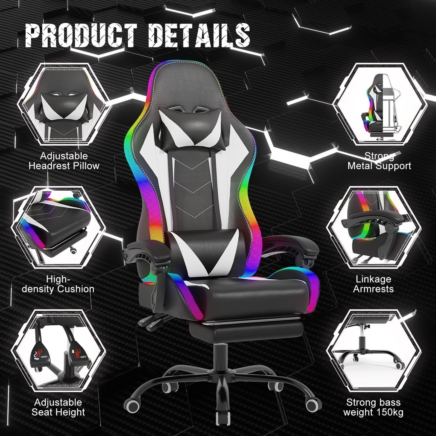Gaming Chair Recliner w/Footrest, LED RGB Lights, Lumbar Massage, 30-Day Return