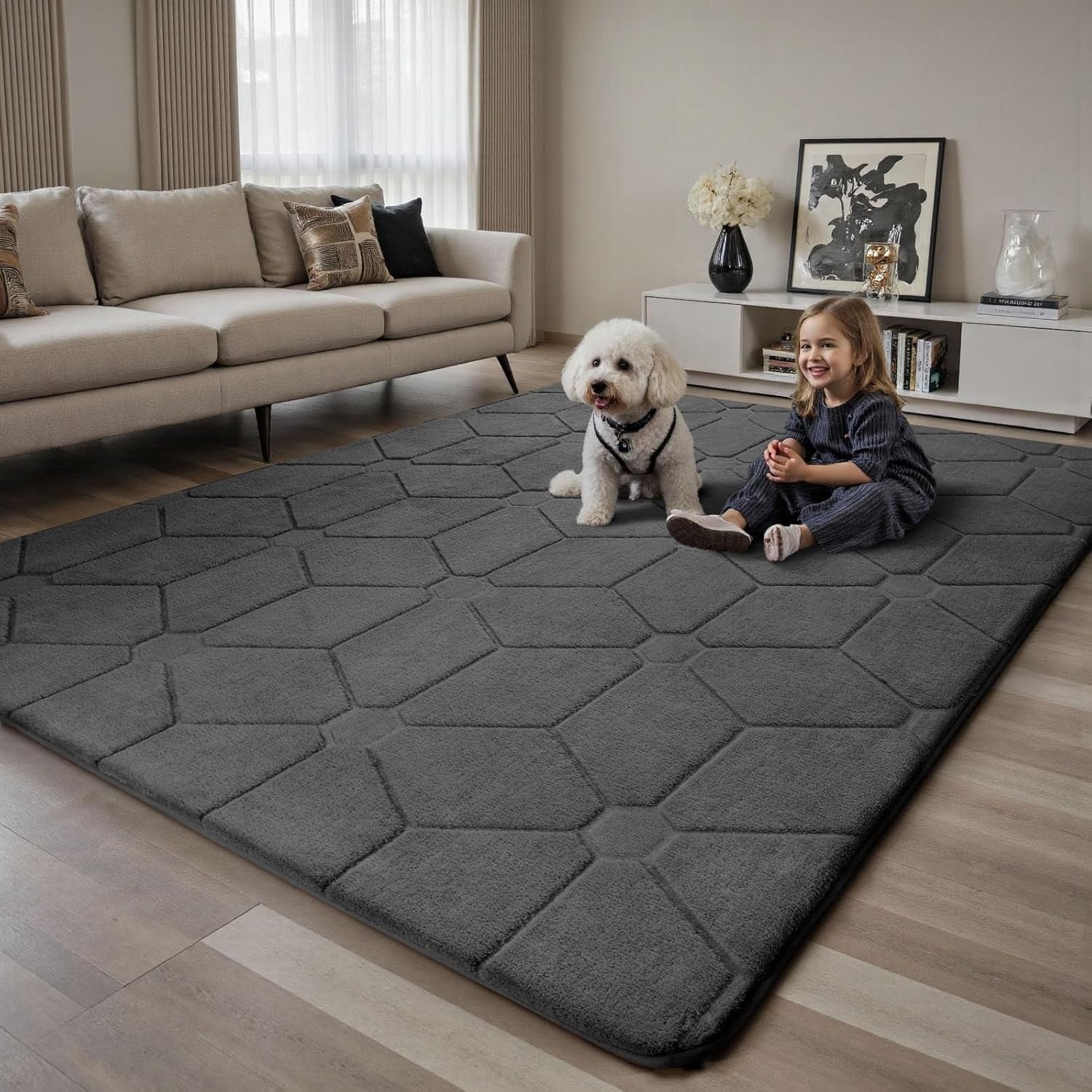 Extra Large Dark Grey Area Rug 200x290cm Washable Anti Slip Short Pile