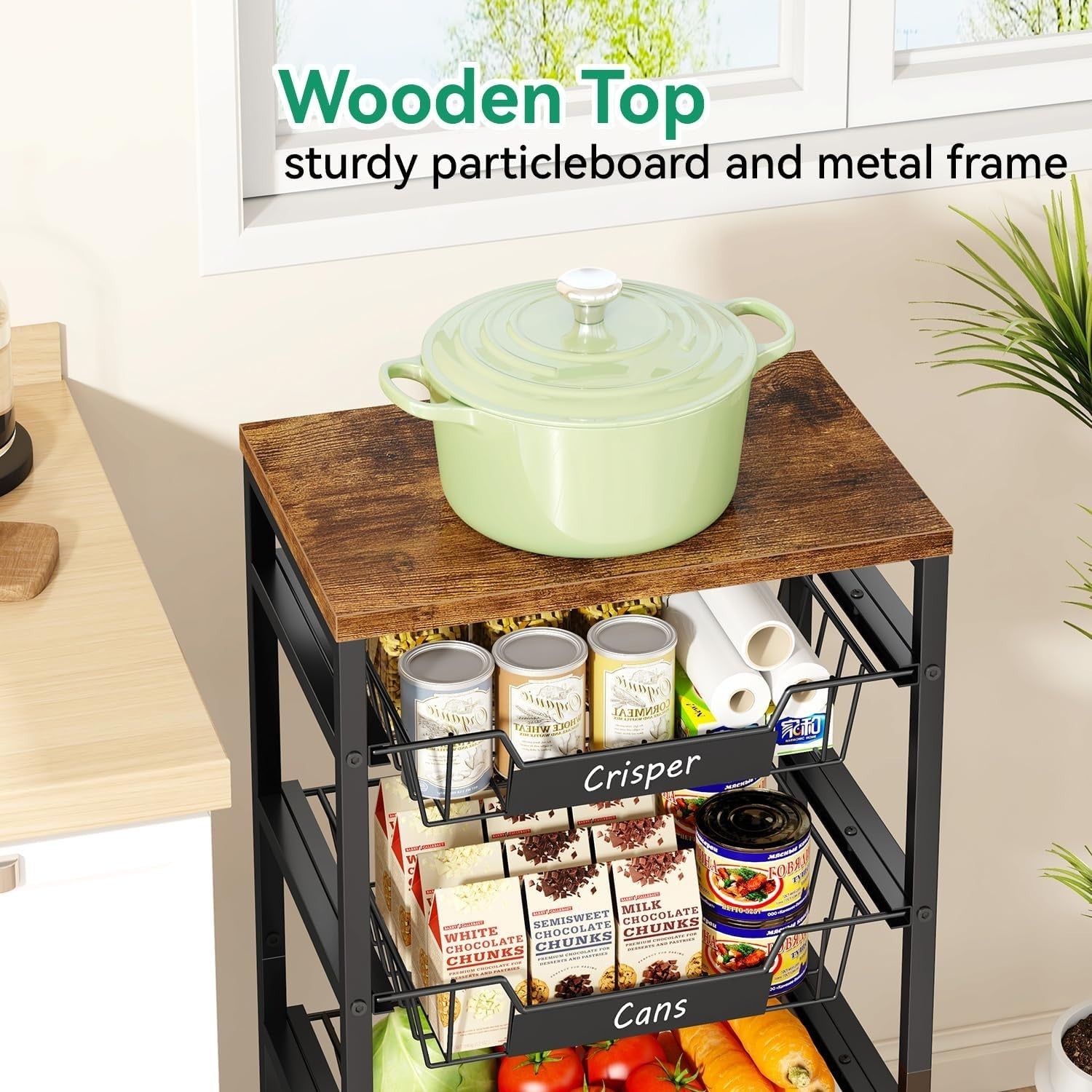 5 Tier Rolling Kitchen Storage Cart Fruit Basket Trolley Rustic Brown