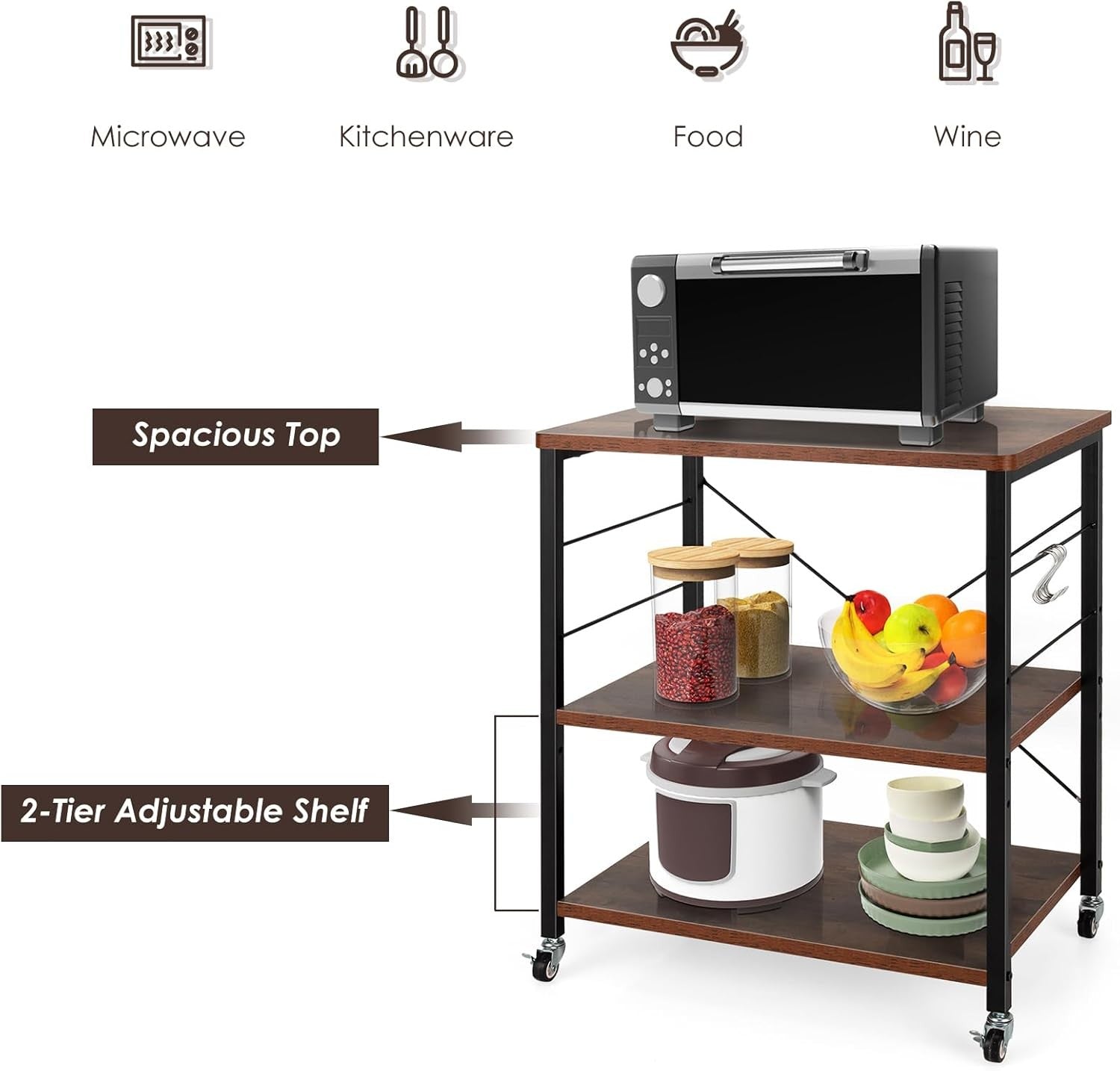 Kitchen Bakers Rack Rolling Cart Microwave Stand 3 Tier Shelves Wheels