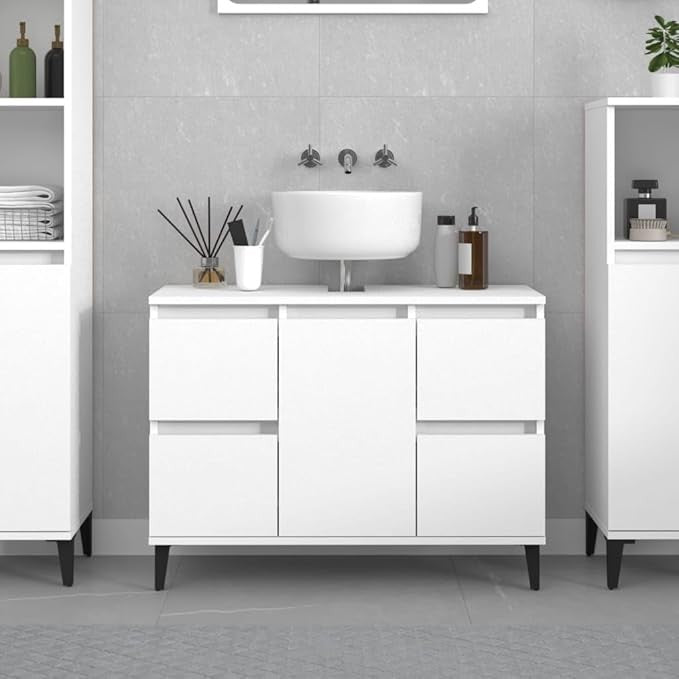 White Under Sink Bathroom Cabinet 80cm Modern Vanity Unit with Drawers & Door