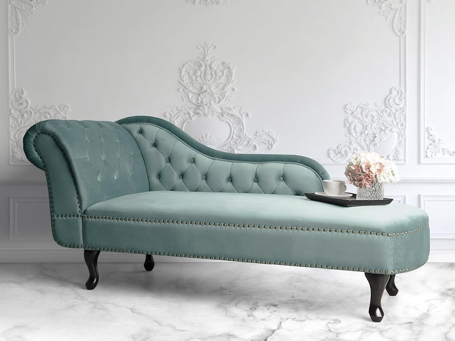 Mint Green Velvet Chaise Lounge Left Hand Tufted Chesterfield Sofa Seat