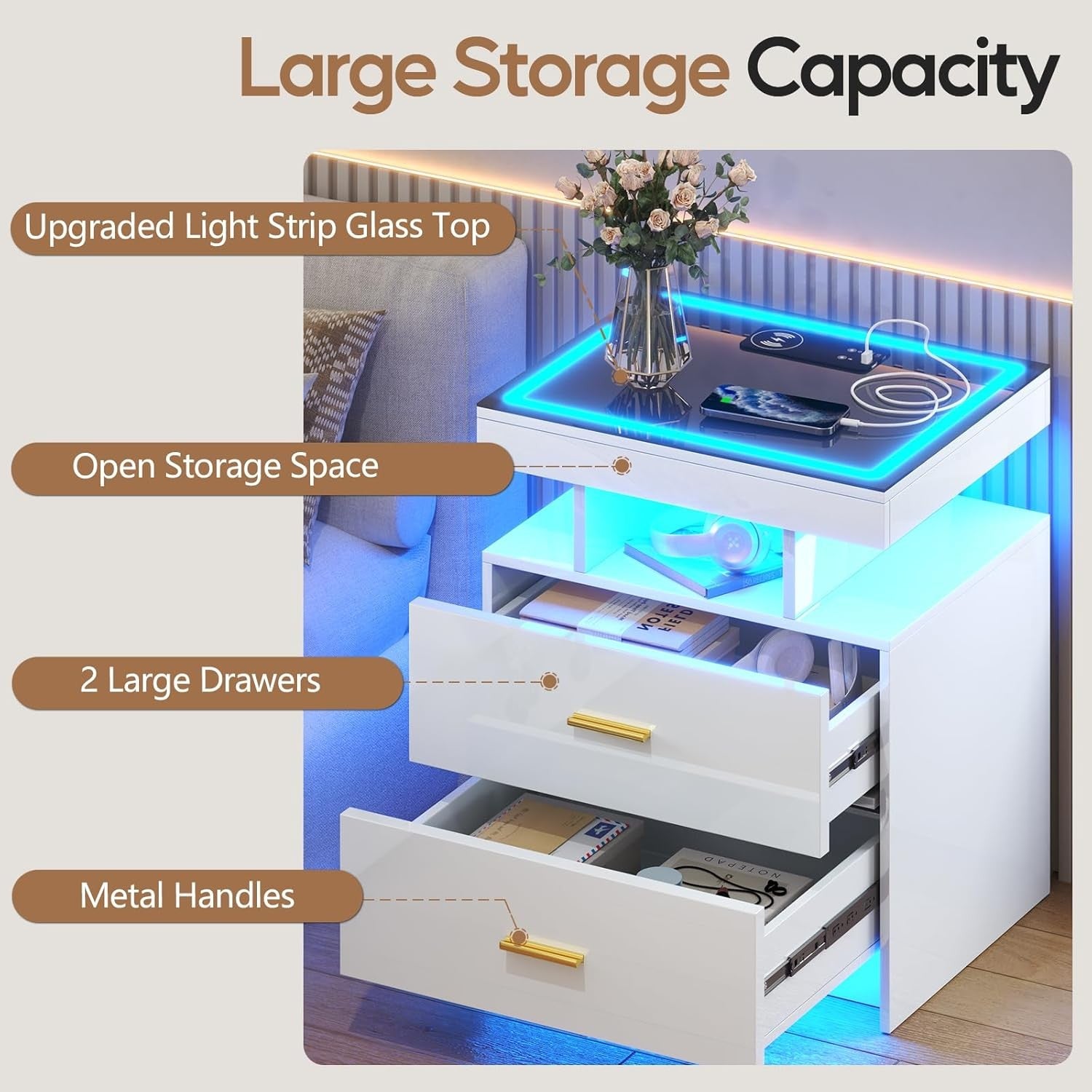 White LED Bedside Table with Wireless Charging, Glass Top & 2 Drawers Modern