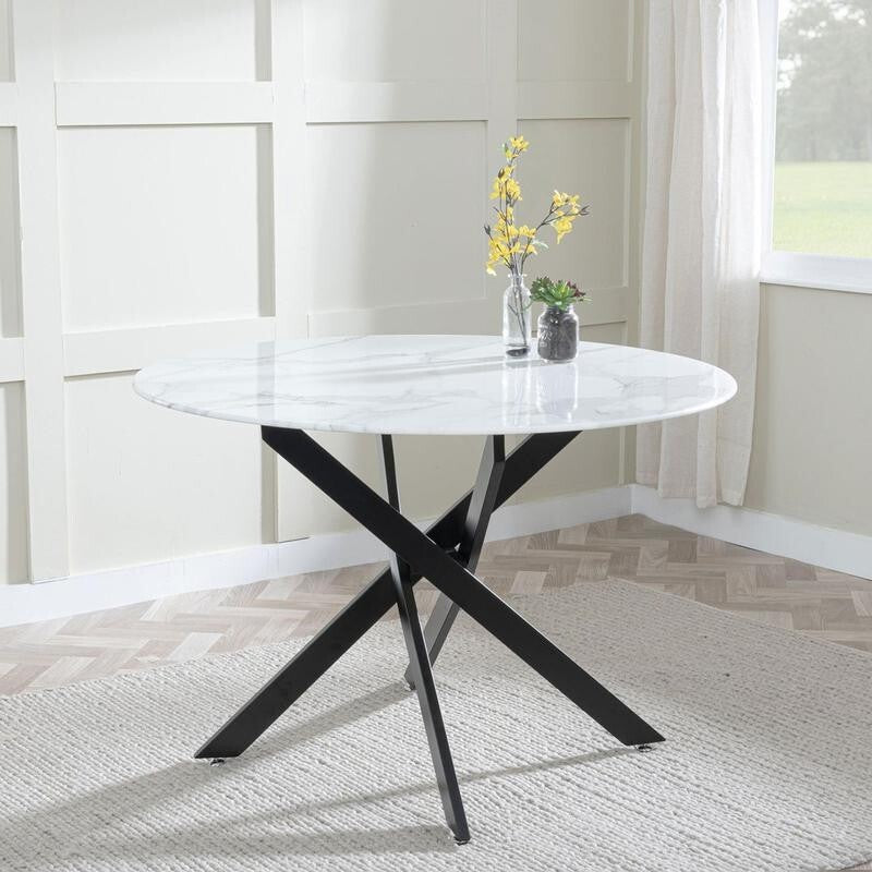 Round Grey Glass Dining Table Set 4 Chairs Chrome Metal Faux Leather