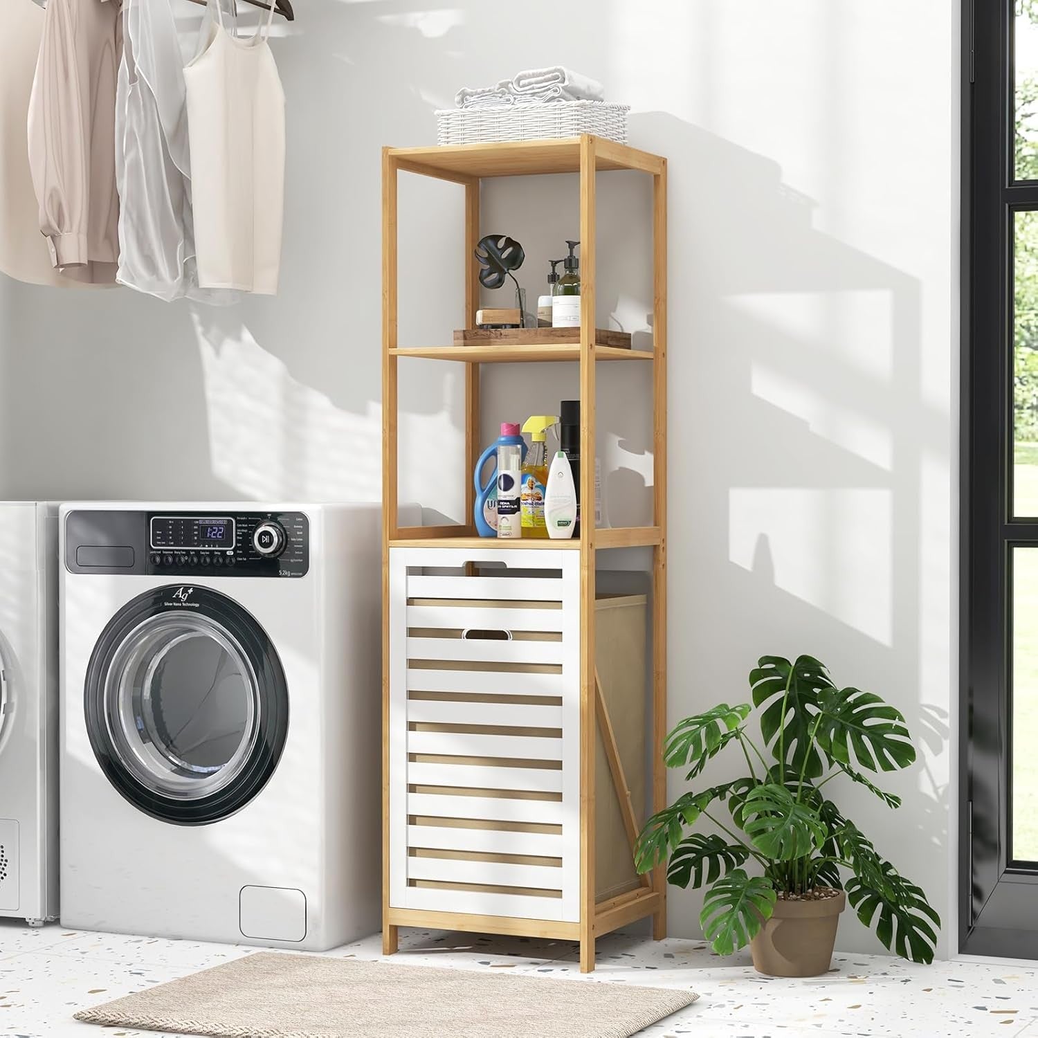Bamboo Laundry Hamper with Shelves | Tilt-Out Basket & Removable Liner 130cm