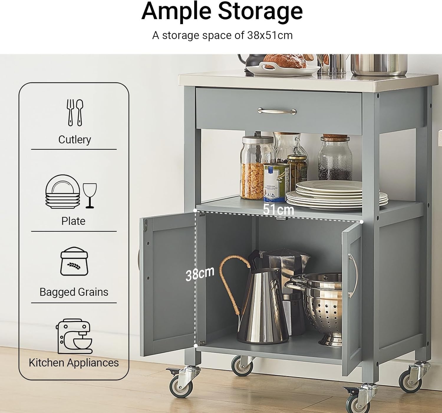 Grey Kitchen Trolley on Wheels Storage Cabinet 60x92cm