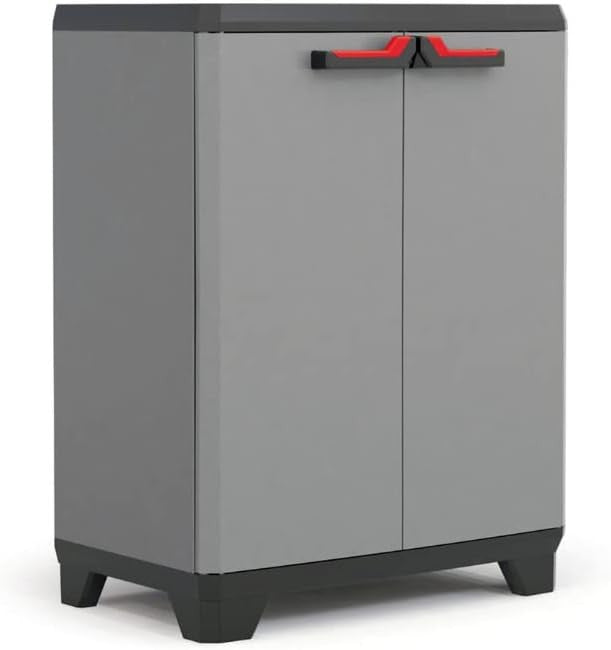Low Garage Storage Cabinet | Heavy Duty Plastic Cupboard with Shelves & Lock