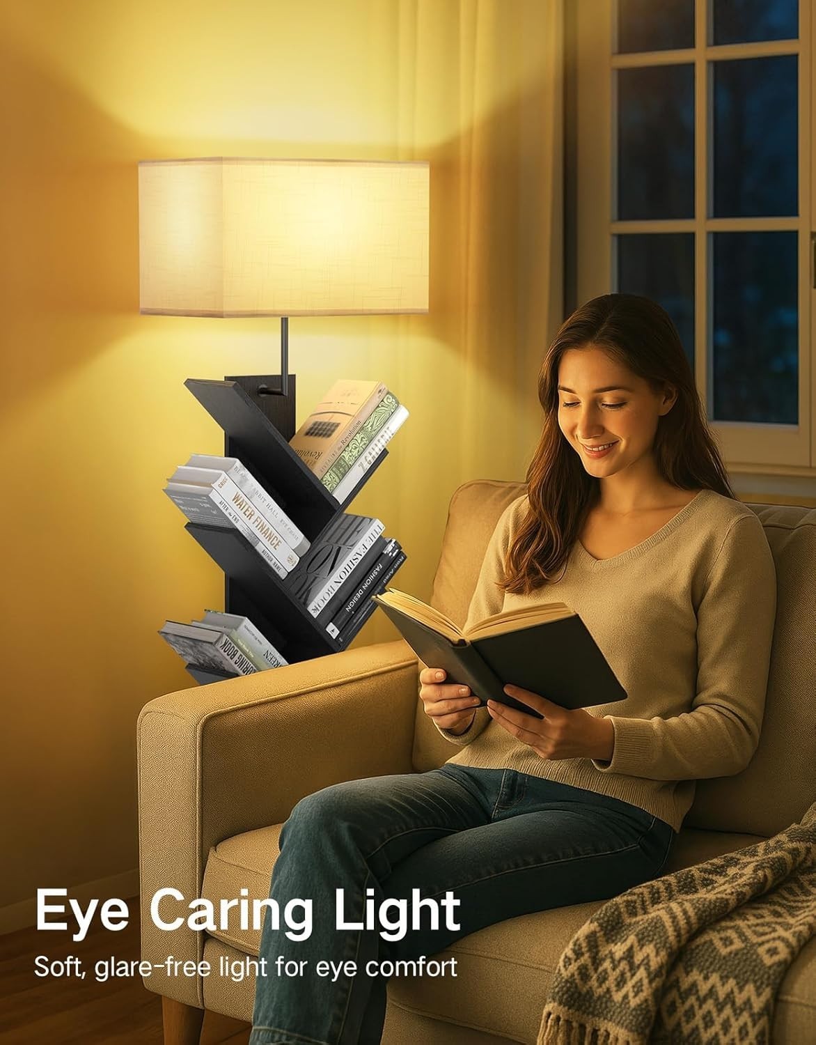 9 Tier Tree Bookshelf with LED Lamp Remote Black  Tall Narrow Shelf