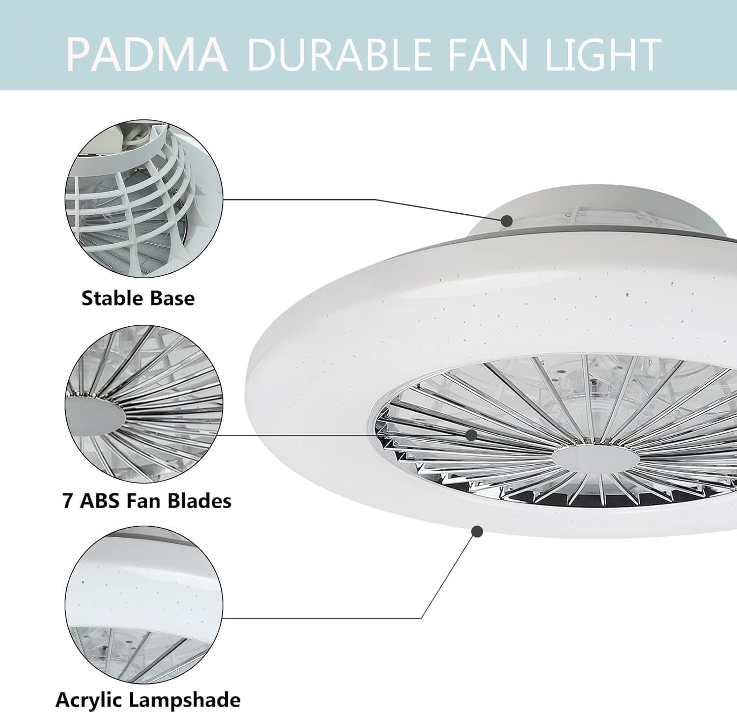 PADMA 50CM Ceiling Fan with Light, 30W LED, Remote, Dimmable, Quiet