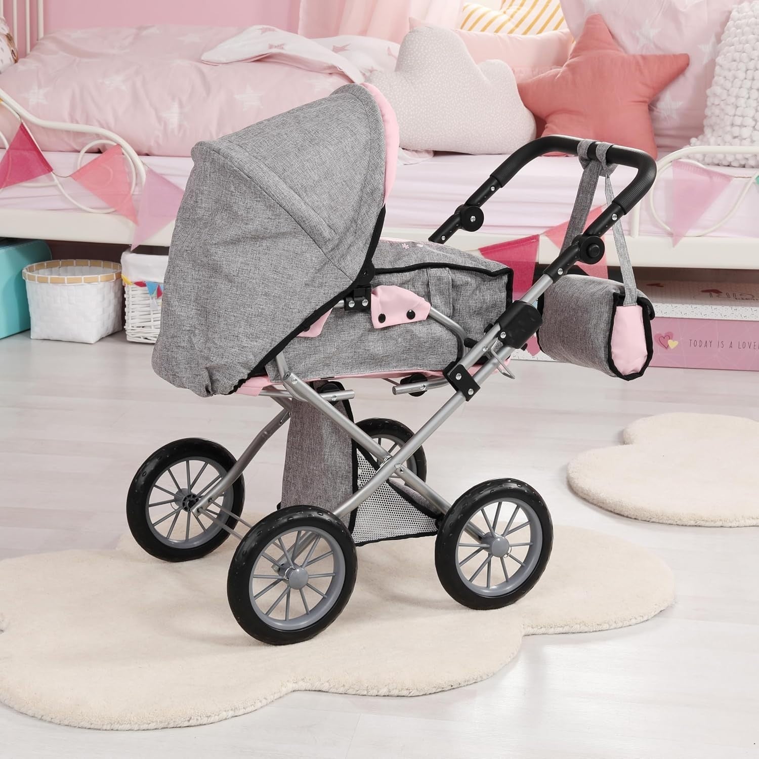 Dolls Pram Pushchair Convertible Foldable Adjustable Handle Basket Bag