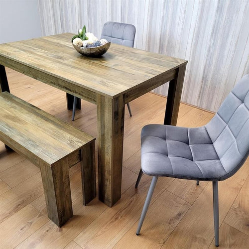 Rustic Dining Table Set with 2 Grey Velvet Chairs & Wooden Bench for 4