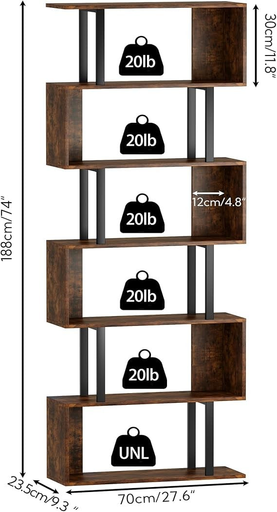 Tall S-Shaped 6-Tier Bookcase Modern Display Shelf Unit for Home Office Storage