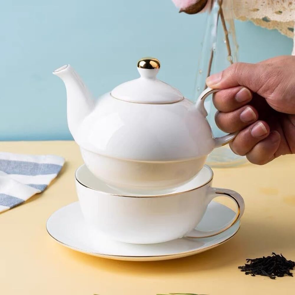 Tea For One Set Teapot Cup Saucer White Ceramic Gift Set 350ml
