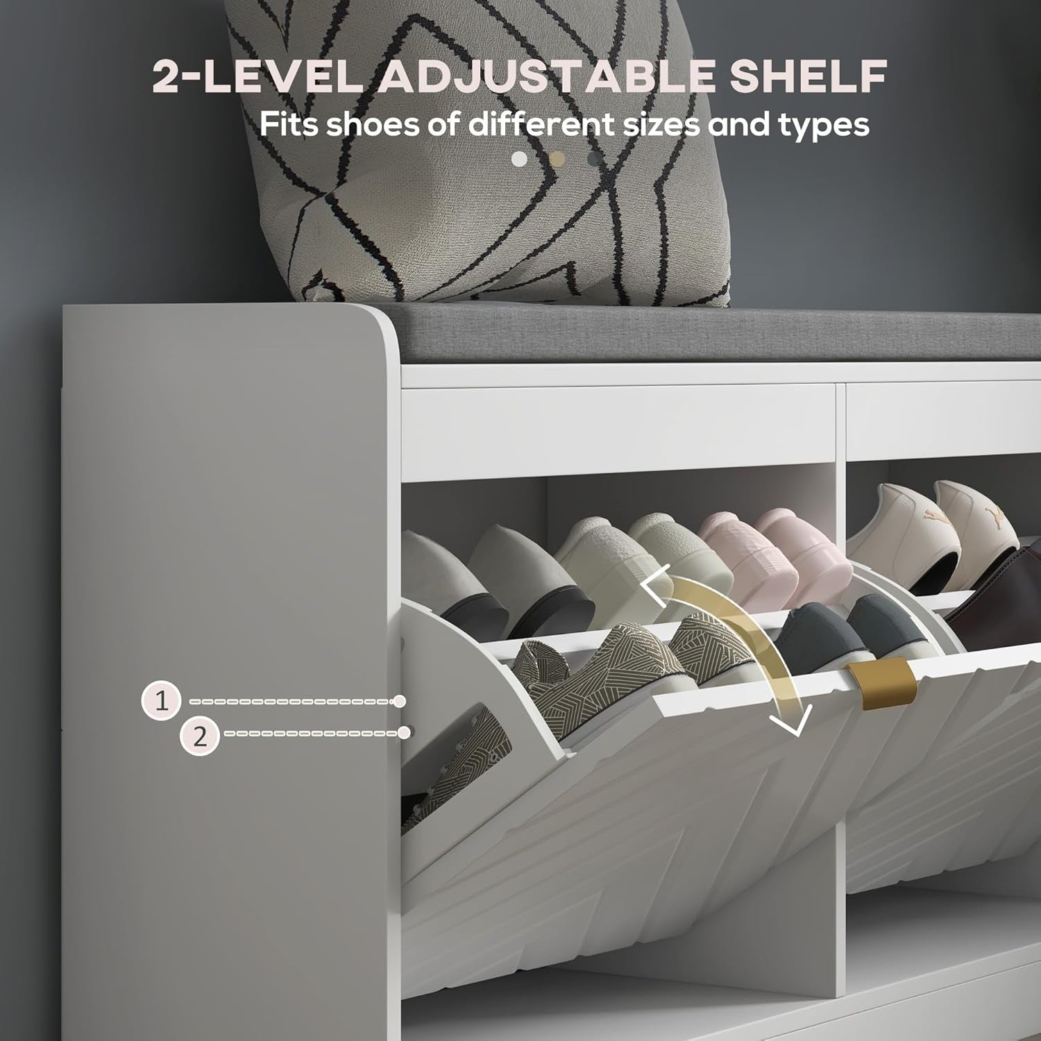 Slim Shoe Storage Bench with Padded Seat, 2 Flip Drawers, Holds 8 Pairs