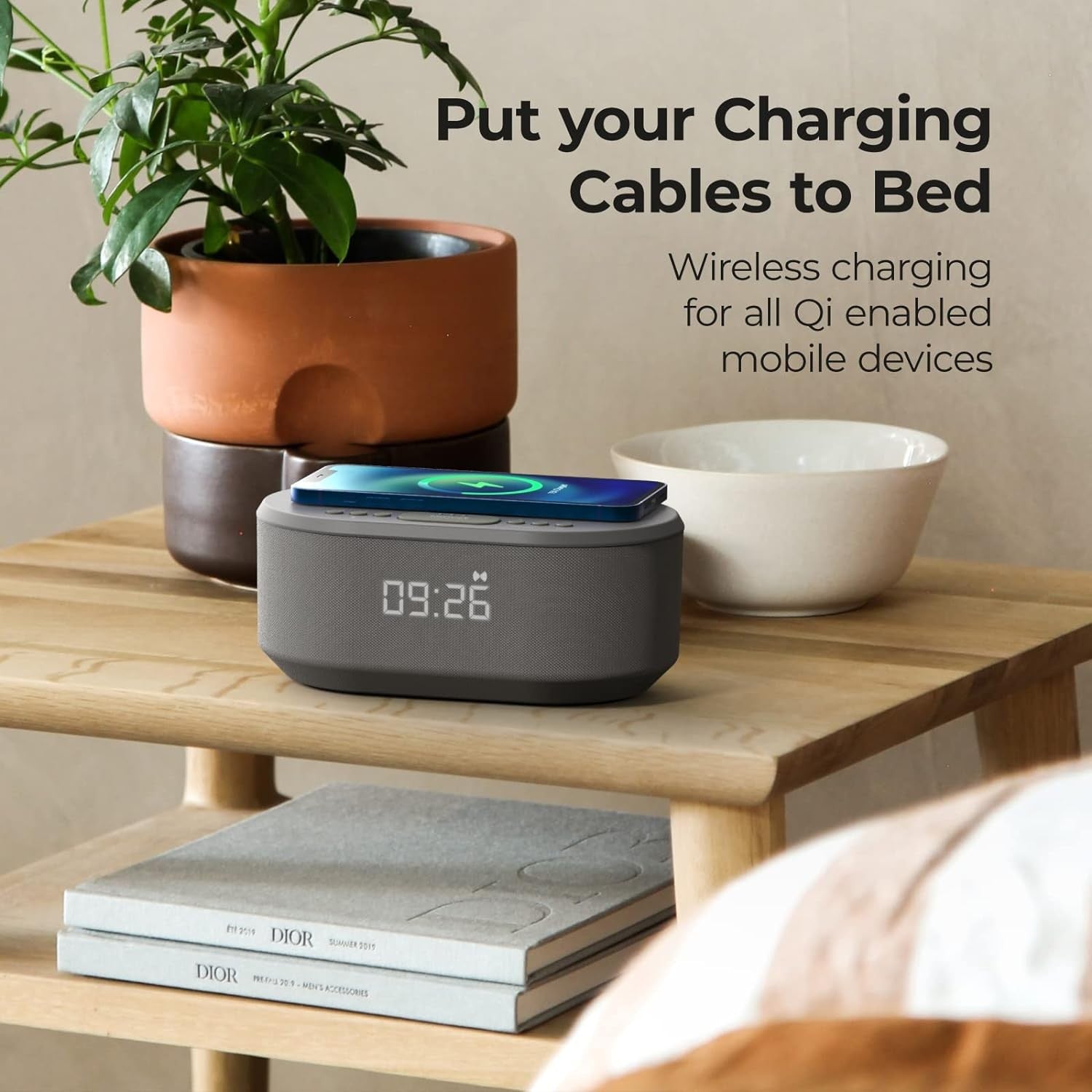 Bedside Alarm Clock Wireless Charger Bluetooth Speaker FM Radio Dimmable