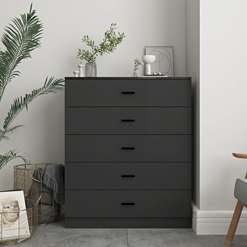5 Drawer Black Wooden Chest Bedroom Storage Cabinet Polished Finish