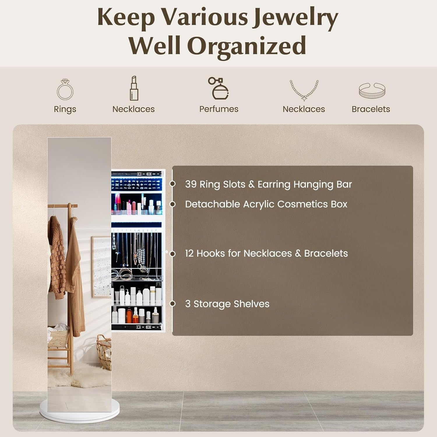 White 360° Rotating LED Jewellery Cabinet Mirror with Coat Rack