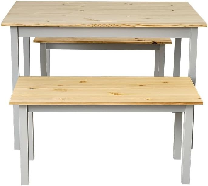 Solid Pine Dining Table & 2 Benches Set | Durable Kitchen Furniture Grey