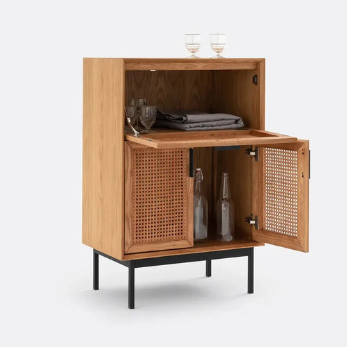 Oak & Cane Bar Cabinet – 70cm Compact Drinks Storage Unit with Drop Door