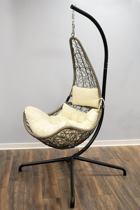 Hanging Swing Chair with Stand | Grey Rattan | Cream Cushion | Indoor Outdoor
