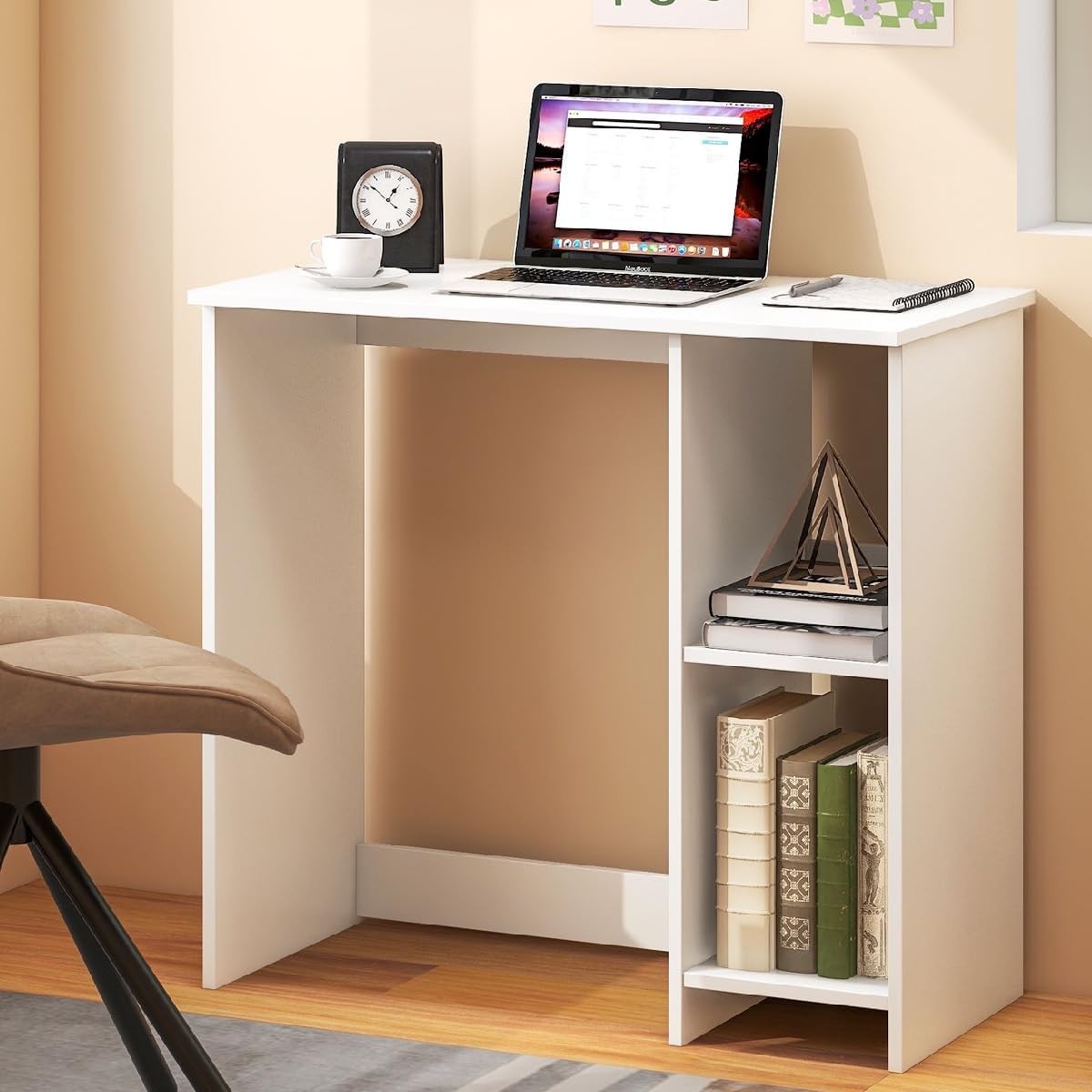Compact Computer Desk with Shelves Small Space Home Office Laptop Table White