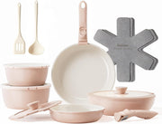 16pcs Pink Ceramic Cookware Set Non Stick Induction Safe Detachable Handle