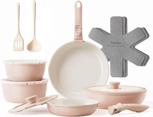 16pcs Pink Ceramic Cookware Set Non Stick Induction Safe Detachable Handle